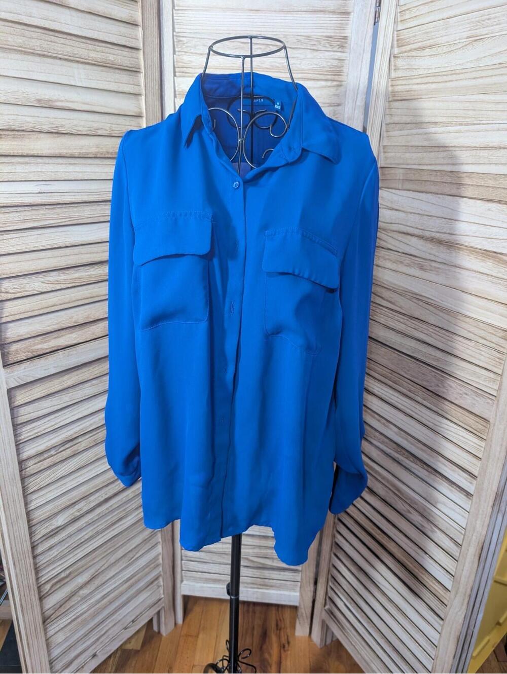 APT 9 Blouse Royal Blue Long Sleeve Size L Soft Silky